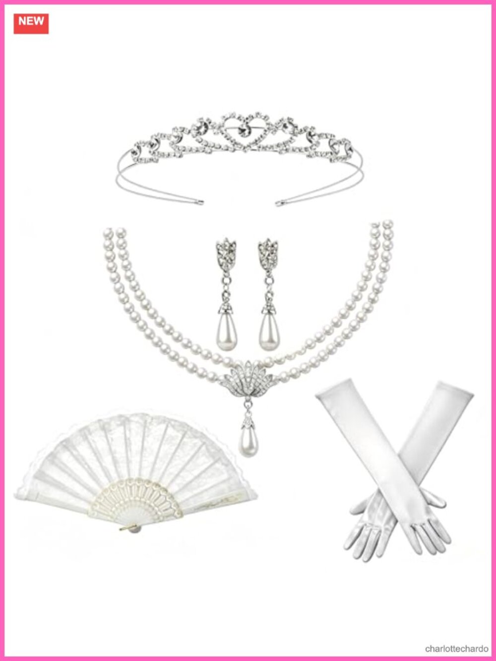 5Pc Regency Era Costume Accessory Set Tiara Gloves Pearl Necklace Fan